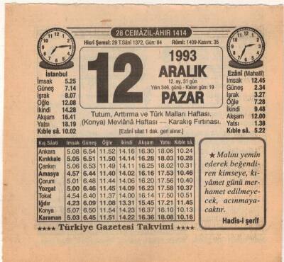 12 Aralık 1993 Takvim Yaprağı EFM(N)4233 - 2