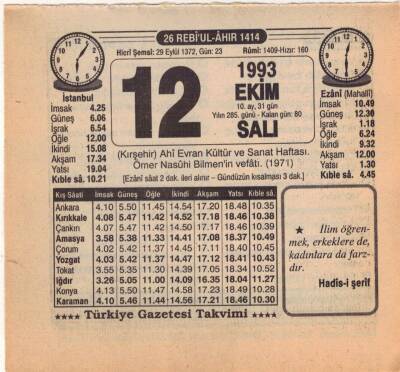 12 Ekim 1993 Takvim Yaprağı EFM(N)3168 - 3
