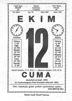 12 Ekim 2001 Takvim Yaprağı - Doğum Günü Hediyesi EFM(N)10479 - 2