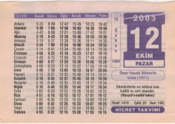 12 Ekim 2003 Takvim Yaprağı EFM(N)3714 - 1