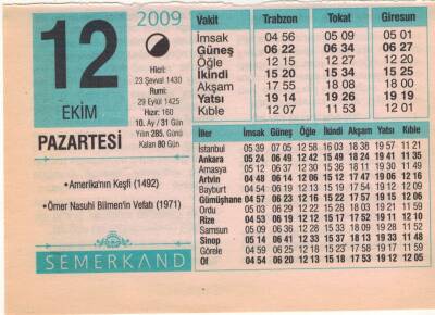 12 Ekim 2009 Takvim Yaprağı EFM(N)3291 - 3