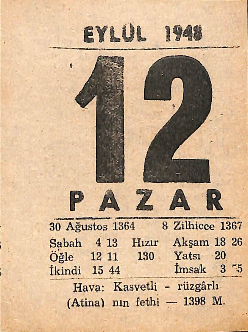12 Eylül 1948 Takvim Yaprağı - Doğum Günü Hediyesi EFMN14395 - 1