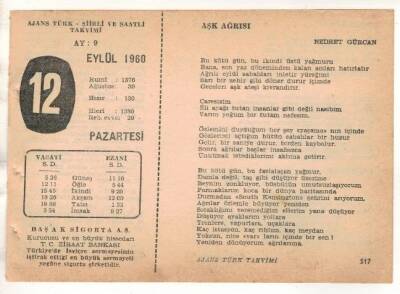 12 Eylül 1960 Ajans Türk Takvim Yaprağı (Şiirli Saatli) EFM(N) 1719 - 2