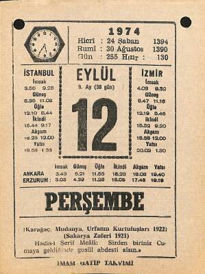 12 Eylül 1974 Takvim Yaprağı - Doğum Günü Hediyesi EFM(N)12341 - 1