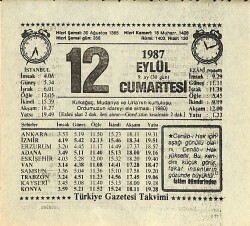 12 Eylül 1987 Takvim Yaprağı - Doğum Günü Hediyesi EFMN13947 - Gökçekoleksiyon