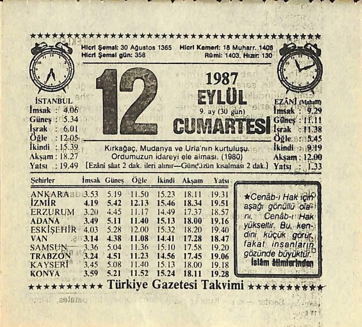 12 Eylül 1987 Takvim Yaprağı - Doğum Günü Hediyesi EFMN13947 - 1