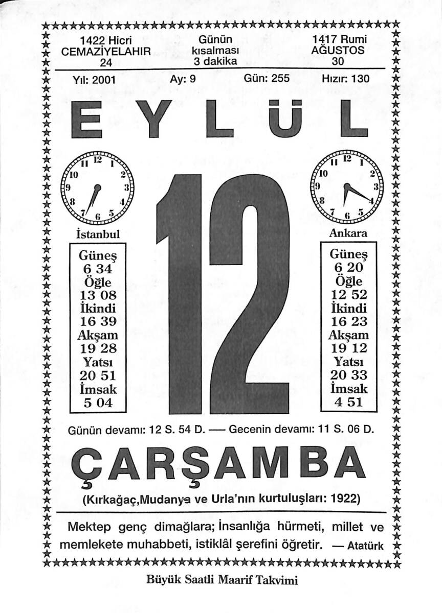 12 Eylül 2001 Takvim Yaprağı - Doğum Günü Hediyesi EFMN14187 - 1