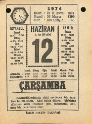12 Haziran 1974 Takvim Yaprağı - Doğum Günü Hediyesi EFM(N)11963 - Gökçekoleksiyon