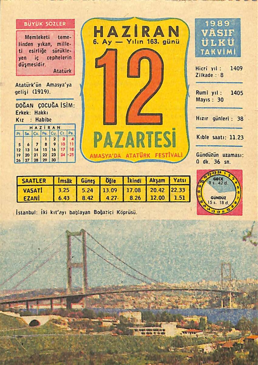 12 Haziran 1989 Takvim Yaprağı - Doğum Günü Hediyesi EFMN13809 - 1