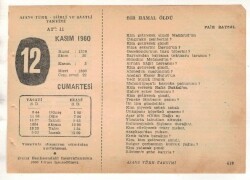 12 Kasım 1960 Ajans Türk Takvim Yaprağı (Şiirli Saatli) EFM(N) 1778 - 3