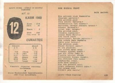 12 Kasım 1960 Ajans Türk Takvim Yaprağı (Şiirli Saatli) EFM(N) 1778 - 2
