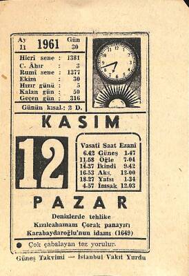 12 Kasım 1961 Takvim Yaprağı - Doğum Günü Hediyesi EFM(N)11243 - 1