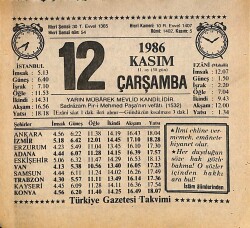 12 Kasım 1986 Takvim Yaprağı - Doğum Günü Hediyesi EFMN14890 - Gökçekoleksiyon