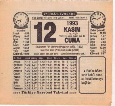 12 Kasım 1993 Takvim Yaprağı EFM(N)3866 - 1