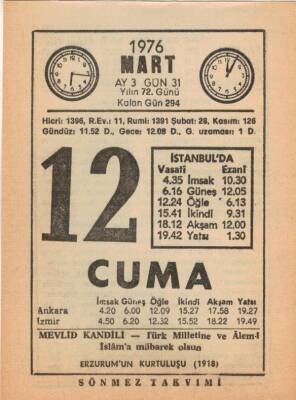 12 Mart 1976 Takvim Yaprağı EFM(N)5953 - 1