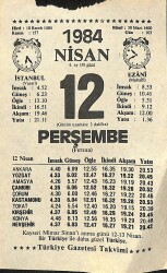 12 Nisan 1984 Takvim Yaprağı - Doğum Günü Hediyesi EFM(N)11322 - Gökçekoleksiyon