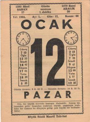 12 Ocak 1964 Takvim Yaprağı EFM(N)4536 - 1