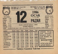 12 Ocak 1986 Takvim Yaprağı EFM(N)5030 - Gökçekoleksiyon