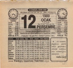 12 Ocak 1989 Takvim Yaprağı EFM(N)4720 - Gökçekoleksiyon