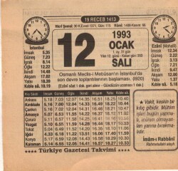 12 Ocak 1993 Takvim Yaprağı EFM(N)4844 - Gökçekoleksiyon