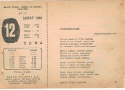 12 Şubat 1960 Ajans Türk Takvim Yaprağı (Şiirli Saatli) EFM(N)1510 - 1