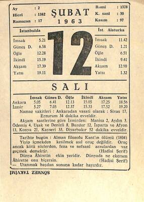 12 Şubat 1963 Takvim Yaprağı - Doğum Günü Hediyesi EFM(N)11249 - 1