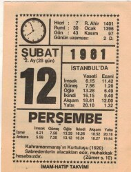12 Şubat 1981 Takvim Yaprağı EFM(N)5420 - Gökçekoleksiyon