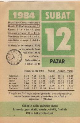 12 Şubat 1984 Takvim Yaprağı EFM(N)5335 - 1