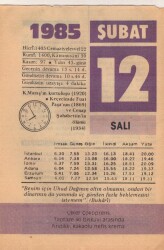 12 Şubat 1985 Takvim Yaprağı EFM(N)5138 - Gökçekoleksiyon