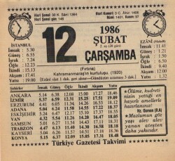 12 Şubat 1986 Takvim Yaprağı EFM(N)5223 - Gökçekoleksiyon