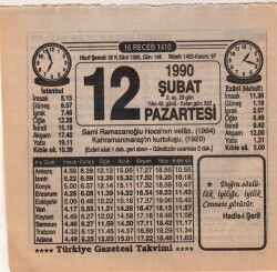 12 Şubat 1990 Takvim Yaprağı EFM(N)5195 - Gökçekoleksiyon