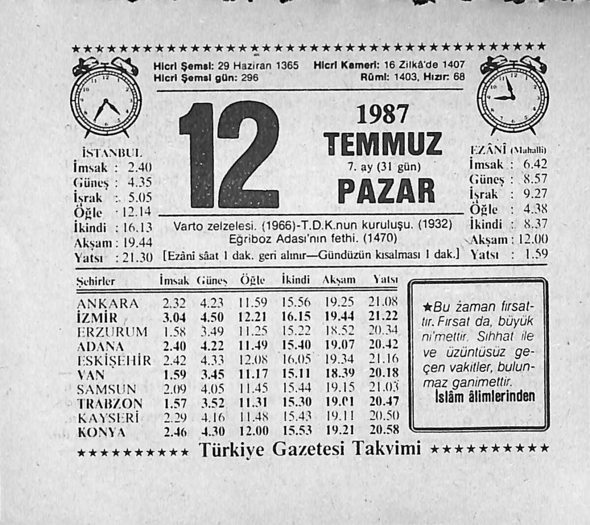 12 Temmuz 1987 Takvim Yaprağı - Doğum Günü Hediyesi EFMN13824 - 1
