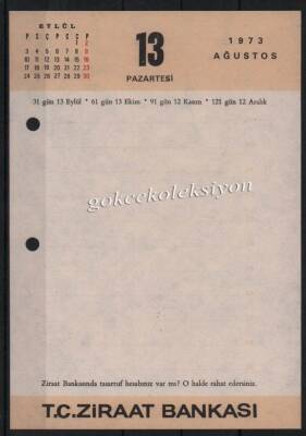13-14 Ağustos 1973 Ziraat Bankası Takvim Yaprağı EFM629 - 1