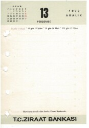 13 - 14 Aralık 1973 Ziraat Bankası Masa Takvimi Takvim Yaprağı EFM1300 - 1