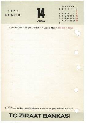 13 - 14 Aralık 1973 Ziraat Bankası Masa Takvimi Takvim Yaprağı EFM1300 - 2