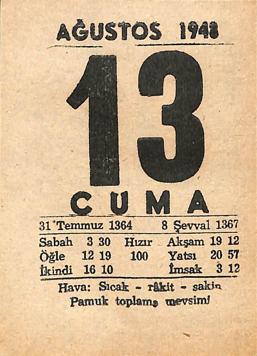 13 Ağustos 1948 Takvim Yaprağı - Doğum Günü Hediyesi EFMN14425 - 1