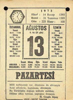 13 Ağustos 1973 Takvim Yaprağı - Doğum Günü Hediyesi EFM(N)10113 - 1