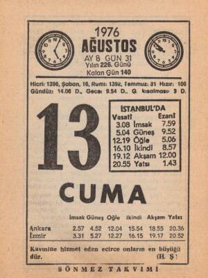 13 Ağustos 1976 Takvim Yaprağı EFM(N)2355 - 3