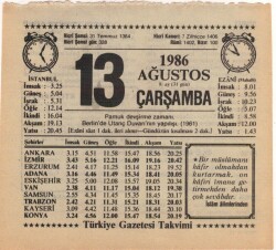 13 Ağustos 1986 Takvim Yaprağı EFM(N)2357 - 2