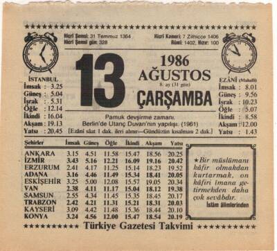 13 Ağustos 1986 Takvim Yaprağı EFM(N)2357 - 2