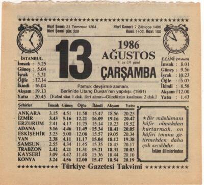 13 Ağustos 1986 Takvim Yaprağı EFM(N)2357 - 1