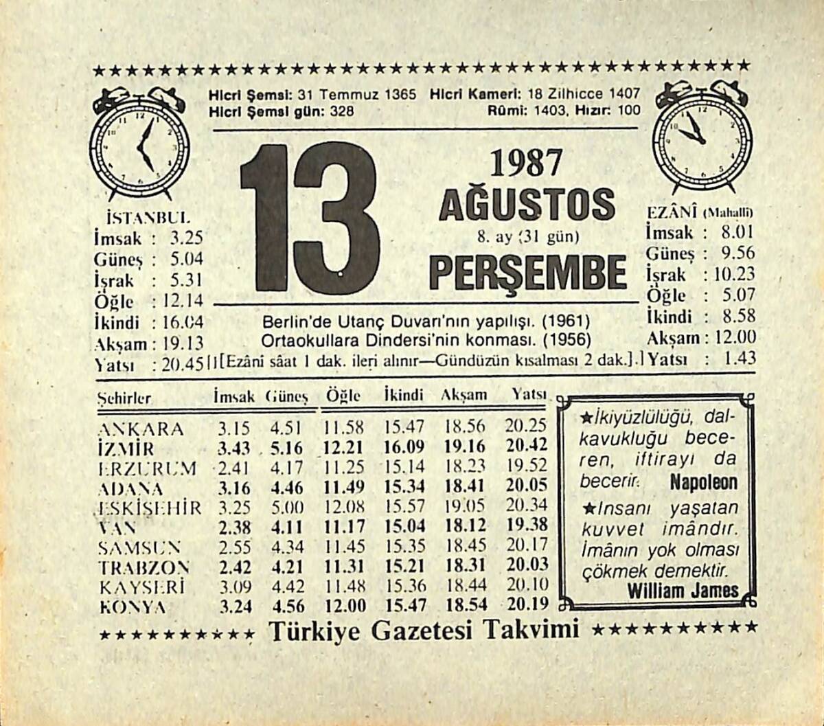 13 Ağustos 1987 Takvim Yaprağı - Doğum Günü Hediyesi EFMN13856 - 1