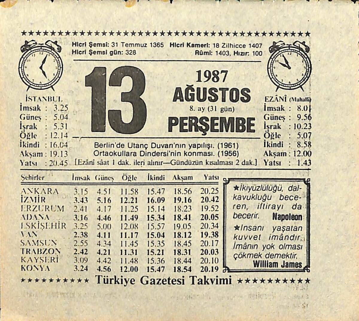 13 Ağustos 1987 Takvim Yaprağı - Doğum Günü Hediyesi EFMN13917 - 1