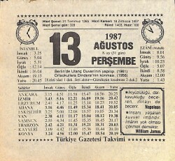 13 Ağustos 1987 Takvim Yaprağı - Doğum Günü Hediyesi EFMN15869 - Gökçekoleksiyon