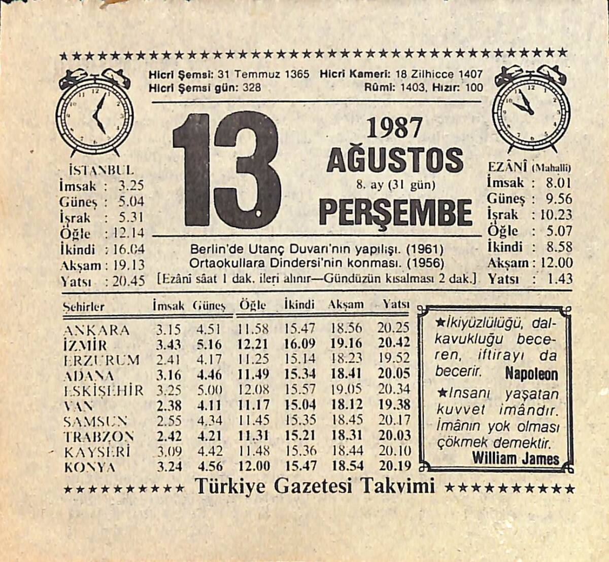 13 Ağustos 1987 Takvim Yaprağı - Doğum Günü Hediyesi EFMN15869 - 1