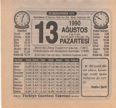 13 Ağustos 1990 Takvim Yaprağı EFM(N)2361 - 3