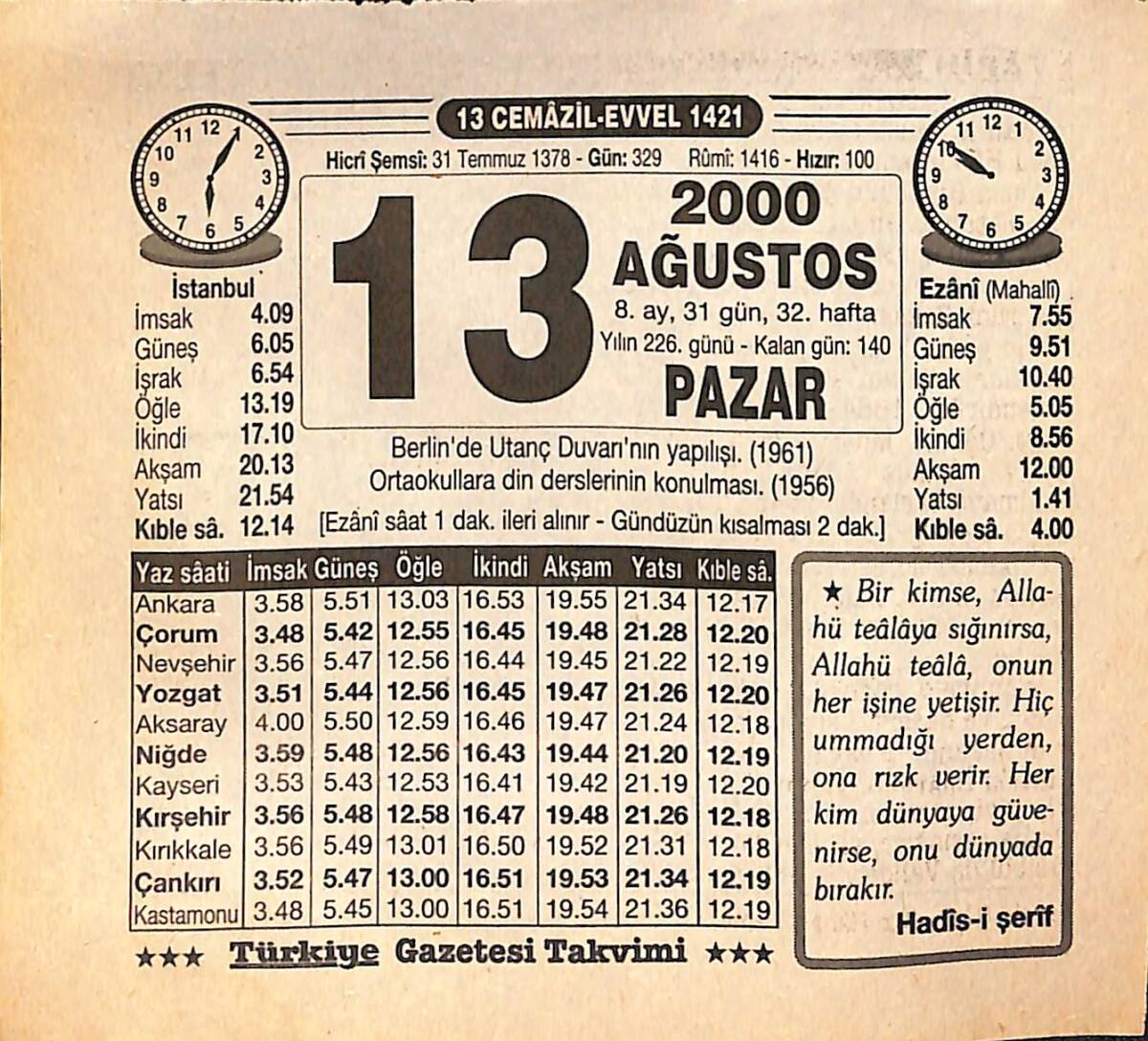 13 Ağustos 2000 Takvim Yaprağı - Doğum Günü Hediyesi EFMN14278 - 1