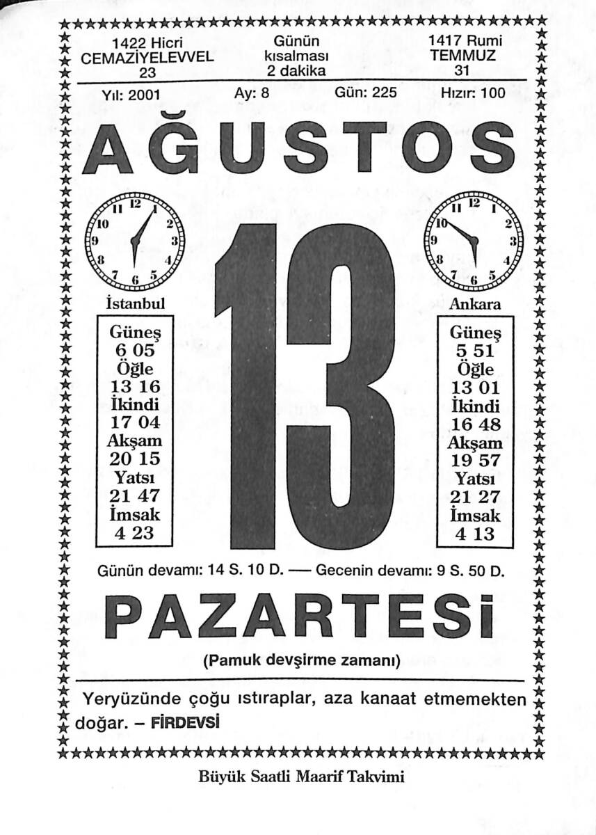 13 Ağustos 2001 Takvim Yaprağı - Doğum Günü Hediyesi EFMN14217 - 1