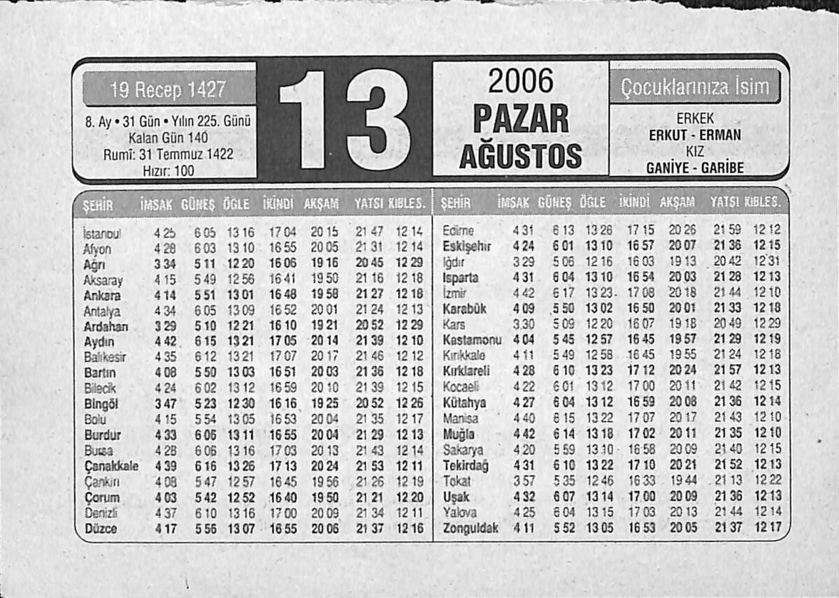 13 Ağustos 2006 Takvim Yaprağı - Doğum Günü Hediyesi EFMN14160 - 1