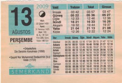 13 Ağustos 2009 Takvim Yaprağı EFM(N)2365 - 2